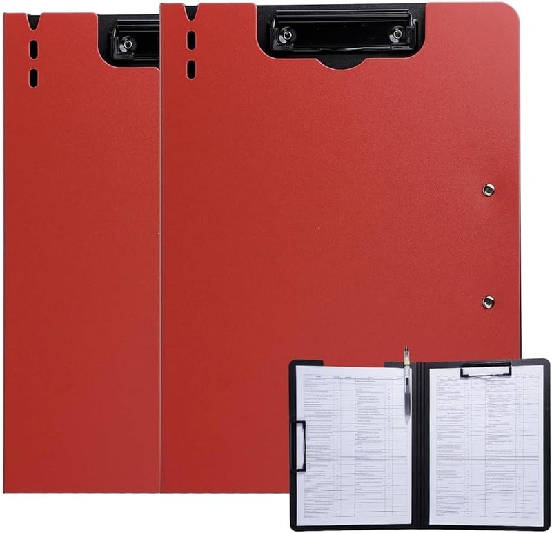 FRETONBA Clipboard Folder, 2 Pcs A4 Foldable Clipboard with Horizontal and Vertical Double Metal Clips, 360 Degree Foldable Binder Clipboards with Pen Holder, File Cover Work Folder Clipboards, Red - Image 1